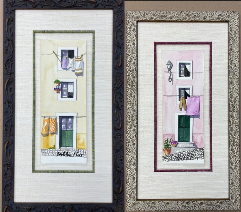 From @dusty.teacup. "These little watercolors were done by a street artist in Portugal! Framed in complimentary @bellamoulding frames, and fabric wrapped mats and fillet materials provided by @franksfabrics using fabrics from the Rajah line. The mats were wrapped and fillets installed in-house. Absolutely in love with the pop of color and texture that these fabric fillets can provide!"